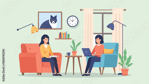 Two women in comfortable living room chairs, one working on a laptop, other reading