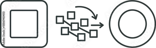 Data transfer and migration process, simple line illustration of square to circle transformation with small squares moving in an arrow direction