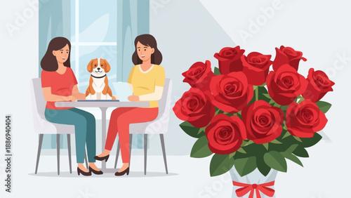 Two women and a dog sit at a table next to a large bouquet of red roses