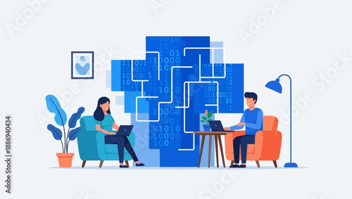 Two people working remotely with laptops and abstract binary code