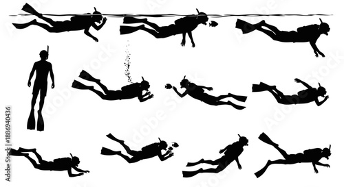 Scuba divers in various poses and actions underwater, illustrated in a vector graphic style