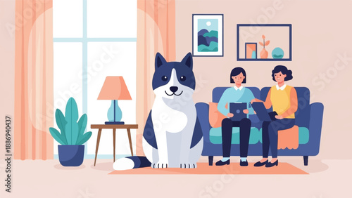 Two women and a dog relaxing in a cozy living room