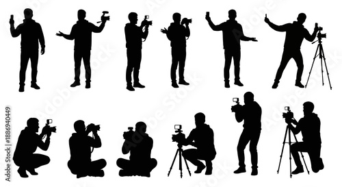Photographers capturing moments from various viewpoints with cameras and equipment in different poses and settings.