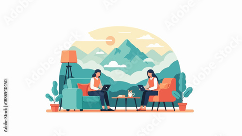 Two people working remotely with laptops, near mountains and sun