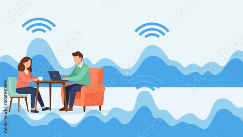 Two people working remotely with Wi-Fi signals and abstract blue waves