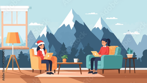Two women in cozy room with laptops, festive hat, mountains view