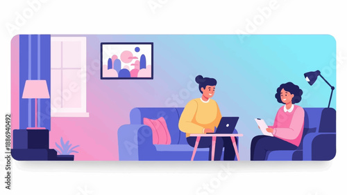 Two women collaborate on a laptop and document at home