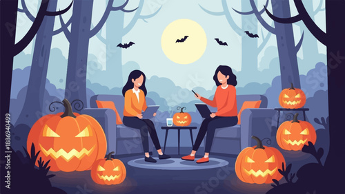 Two women in cozy setting with pumpkins and bats under a full moon