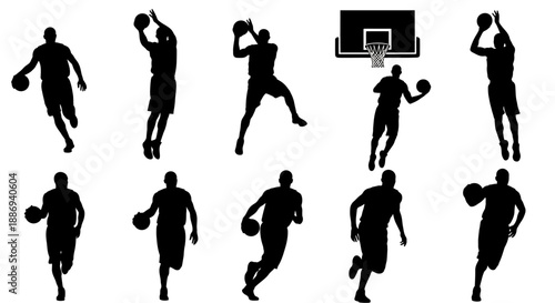 Dynamic Basketball Players in Various Actions and Poses on Court with Basketball Hoop Vector Illustration