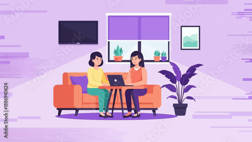 Two women collaborate on a laptop in a modern living room