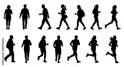Collection of silhouetted people running and walking in various dynamic poses from different viewpoints