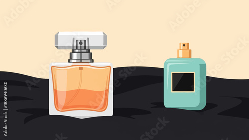 Two perfume bottles, one orange, one turquoise, against a neutral background