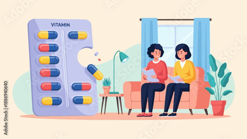 Two women relax on a couch reading books near a blister pack of vitamins