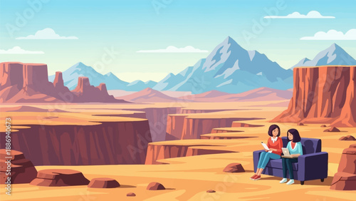 Two women relax on a sofa amidst a pixelated desert canyon landscape with mountains