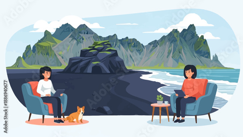 Two women and a dog relax on a black sand beach with mountains