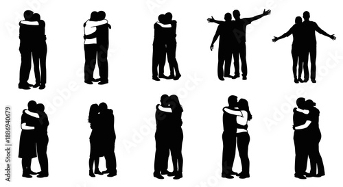 Silhouetted couples embracing and dancing together in various poses and actions against a plain background
