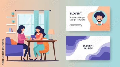 Two women collaborate on a project at a desk, while business card designs display