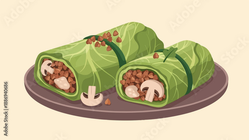 Two vegan cabbage rolls filled with buckwheat and mushrooms on a plate