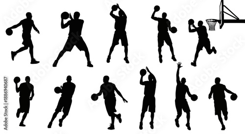 Collection of silhouetted basketball players in various dynamic poses on court