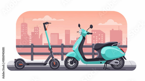 Two urban vehicles, a scooter and a kick scooter, parked by a city skyline