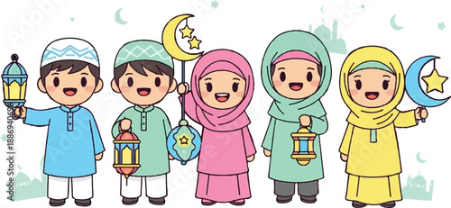 Peaceful Ramadan Celebration with Chibi Muslim Children and Lanterns Art & Illustration