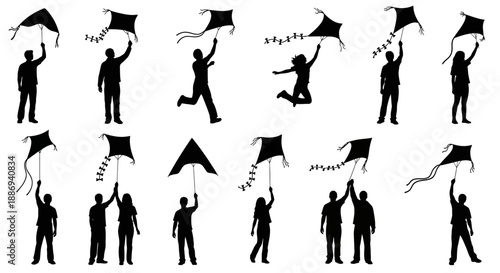 Silhouettes of people flying kites in various poses and actions against a plain background