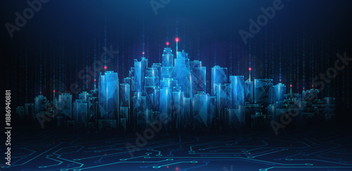 Lowpoly Night City Skyline With Circuit Board Floor and Binary Code. Cityscape of office buildings in virtual cyberspace. Vector illustration of cyber city in wireframe mesh style on blue background