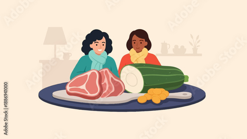 Two women in scarves stand behind a plate of raw meat, zucchini, and corn kernels