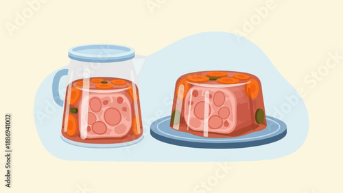 Two translucent, jelly-like dishes with sliced meats and carrots