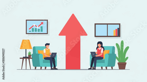 Two people work remotely with a growing arrow indicating success