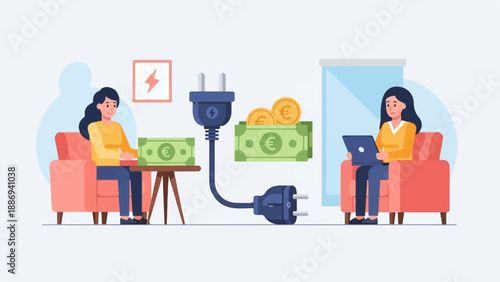 Two women connect money to electricity with a plug and laptop for income