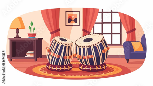 Two traditional drums are positioned on a rug in a room with a lamp and armchair