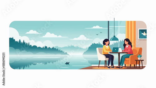 Two women converse at a table with a laptop overlooking a serene misty lake