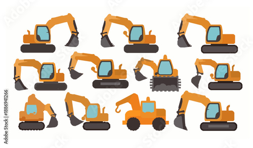 Cute cartoon excavator character set vector illustration isolated