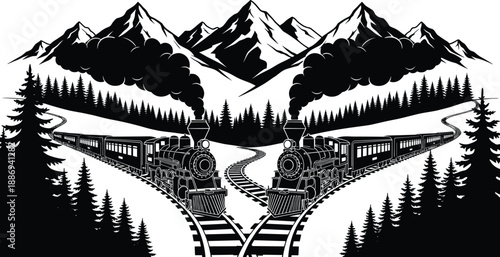 Vintage Steam Train Locomotive Illustration with Two Engines Traveling Through Scenic Mountain Pine Forest Wilderness on Winding Railway Tracks in Classic Black and White Style