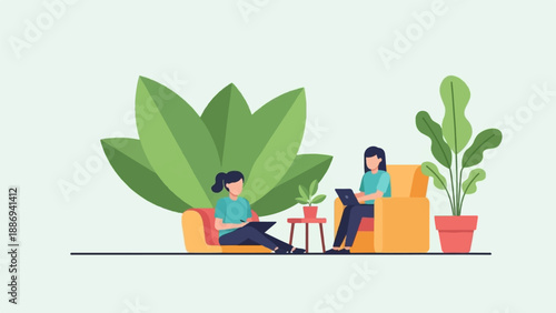 Two women indoors with plants, one using laptop, one writing