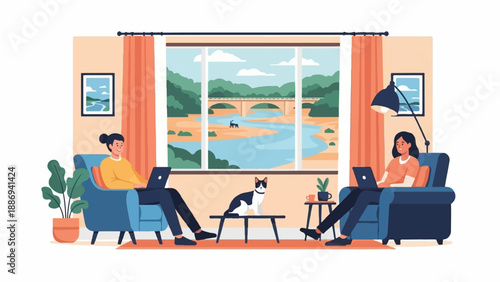 Two people working on laptops in cozy armchairs with a cat, overlooking a scenic river view