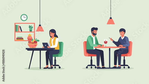 Two tables with people working and dining in a minimalist interior