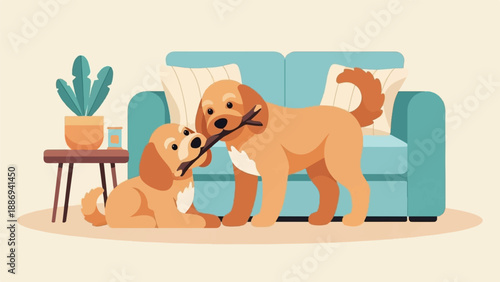 Two playful dogs share a stick in a cozy living room setting