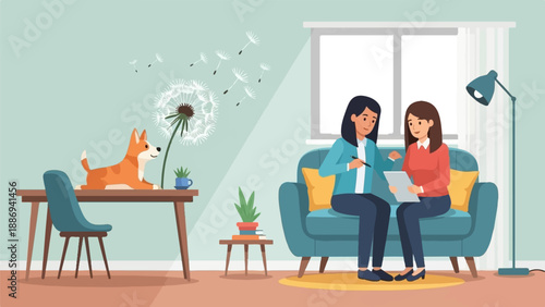 Two women discuss a document in a living room with a dog