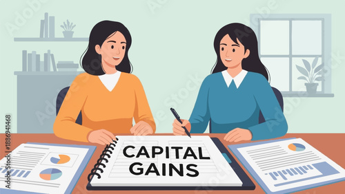 Two women discuss financial matters around a table, with charts and "Capital Gains" visible