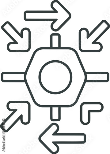 Navigation strategy concept with arrows pointing in different directions around central hexagon icon on white background for business planning and decision making