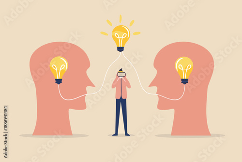 Sharing ideas and collaboration between people represented with lightbulbs and connection