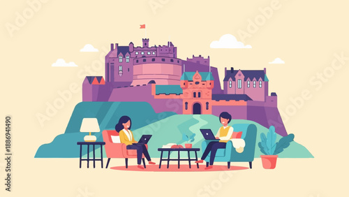 Two people work remotely on laptops in front of a stylized castle
