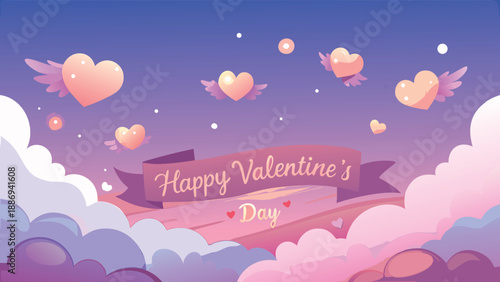 Whimsical Valentine's Day Background with Flying Winged Hearts and Magical Purple Sky