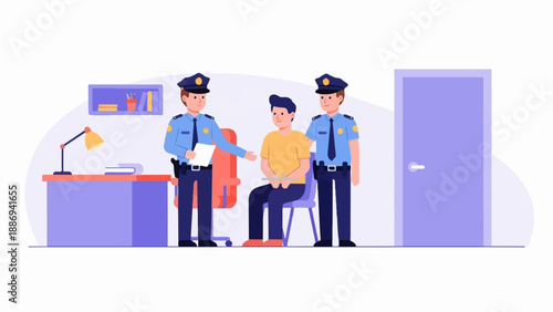 Two police officers escorting a young man in an office with a desk and door