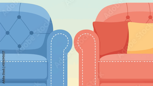 Two plush armchairs, one blue, one red, with a yellow cushion, minimalist