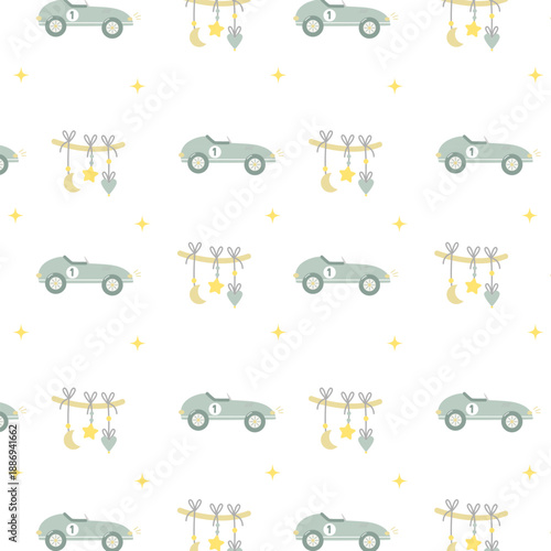 Children's pattern for boys with a racing car in cute pastel colors. Perfect for clothing and textiles.