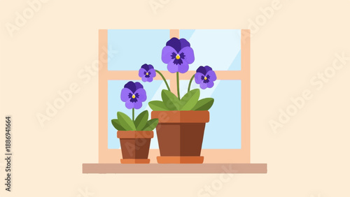 Two potted purple pansies sit on a windowsill in front of a window