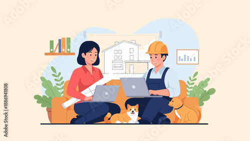 Two professionals work on laptops beside architectural plans and dogs